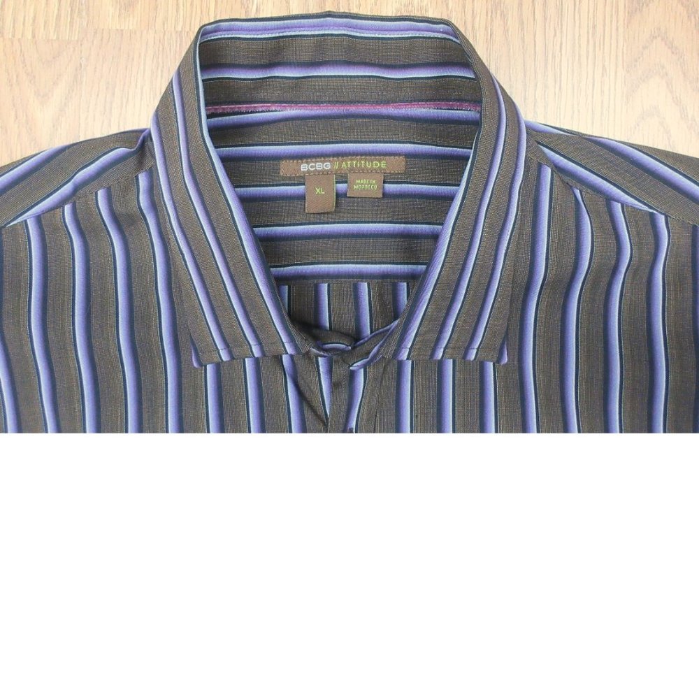 BCBG ATTITUDE REGULAR FIT 100% COTTON SHIRT BROWN & PURPLE STRIPE X-LARGE, XL